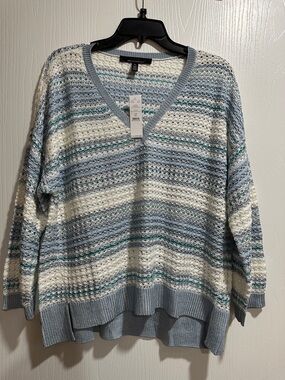 Light Blue Striped V-Neck Sweater - White House black market